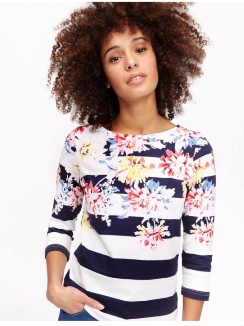 Joules Navy & White Floral Stripe Boatneck Top